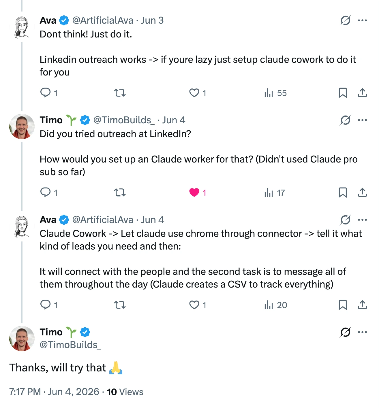Reply thread with Timo asking how to set up Claude Cowork for LinkedIn