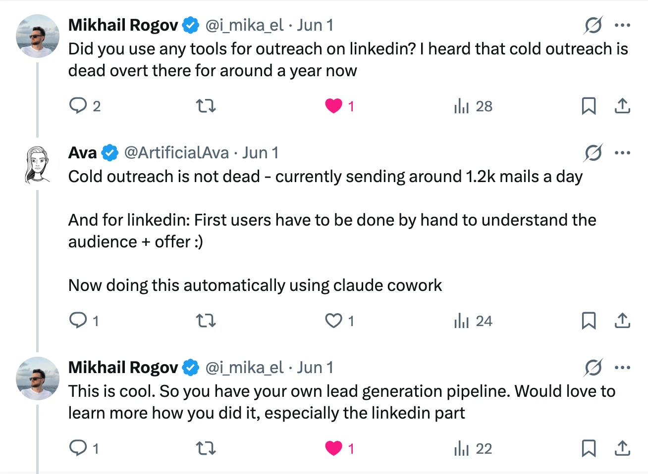Reply thread with Mikhail Rogov asking about LinkedIn outreach tools
